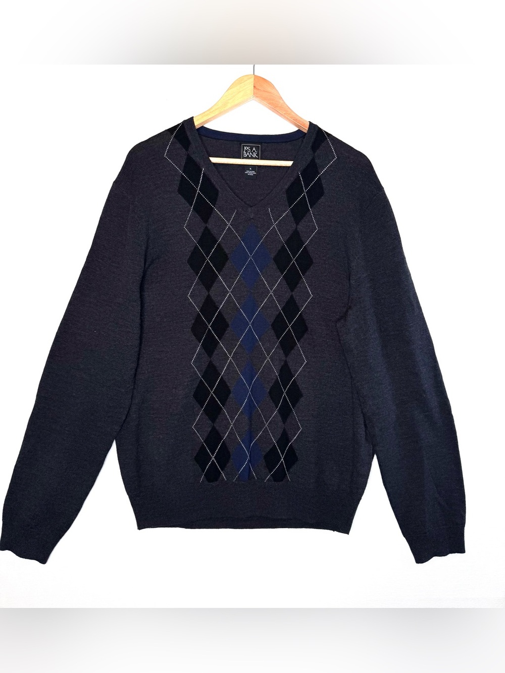 Jos. A Bank Traveler Men's Size XL Merino Wool Dark Gray V-Neck Argyle Sweater